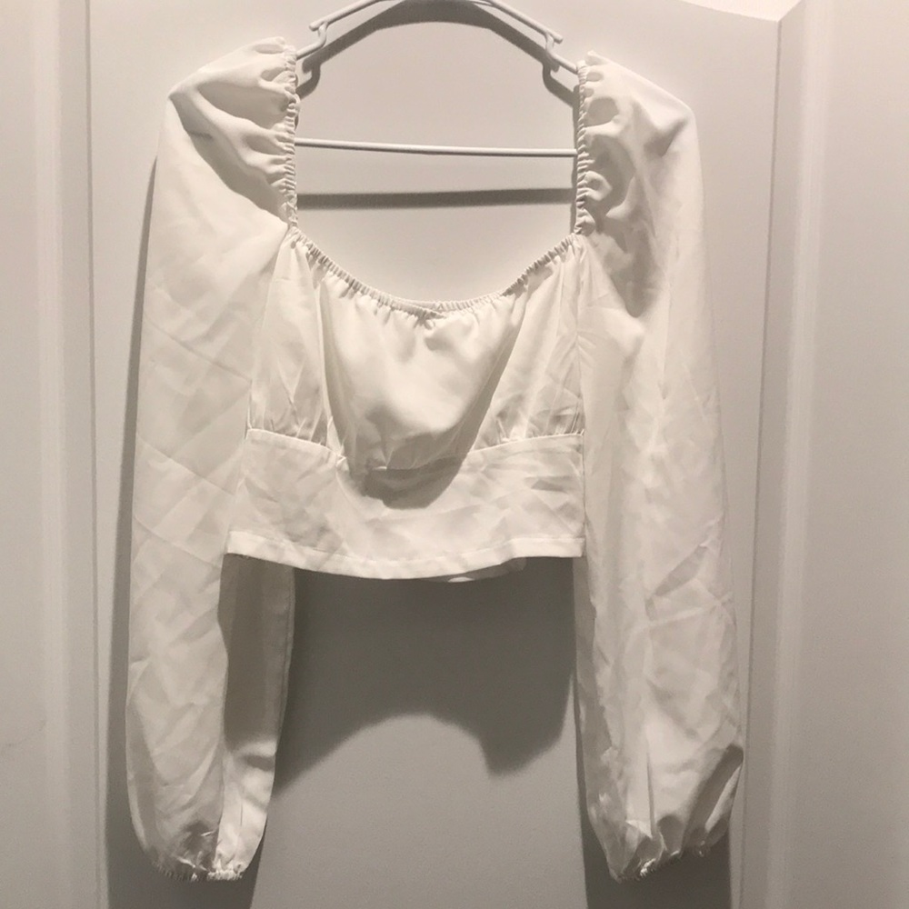 5/$25 Long Puff Lantern Bishop Sleeve Crop Top White Blouse - Picture 2 of 12